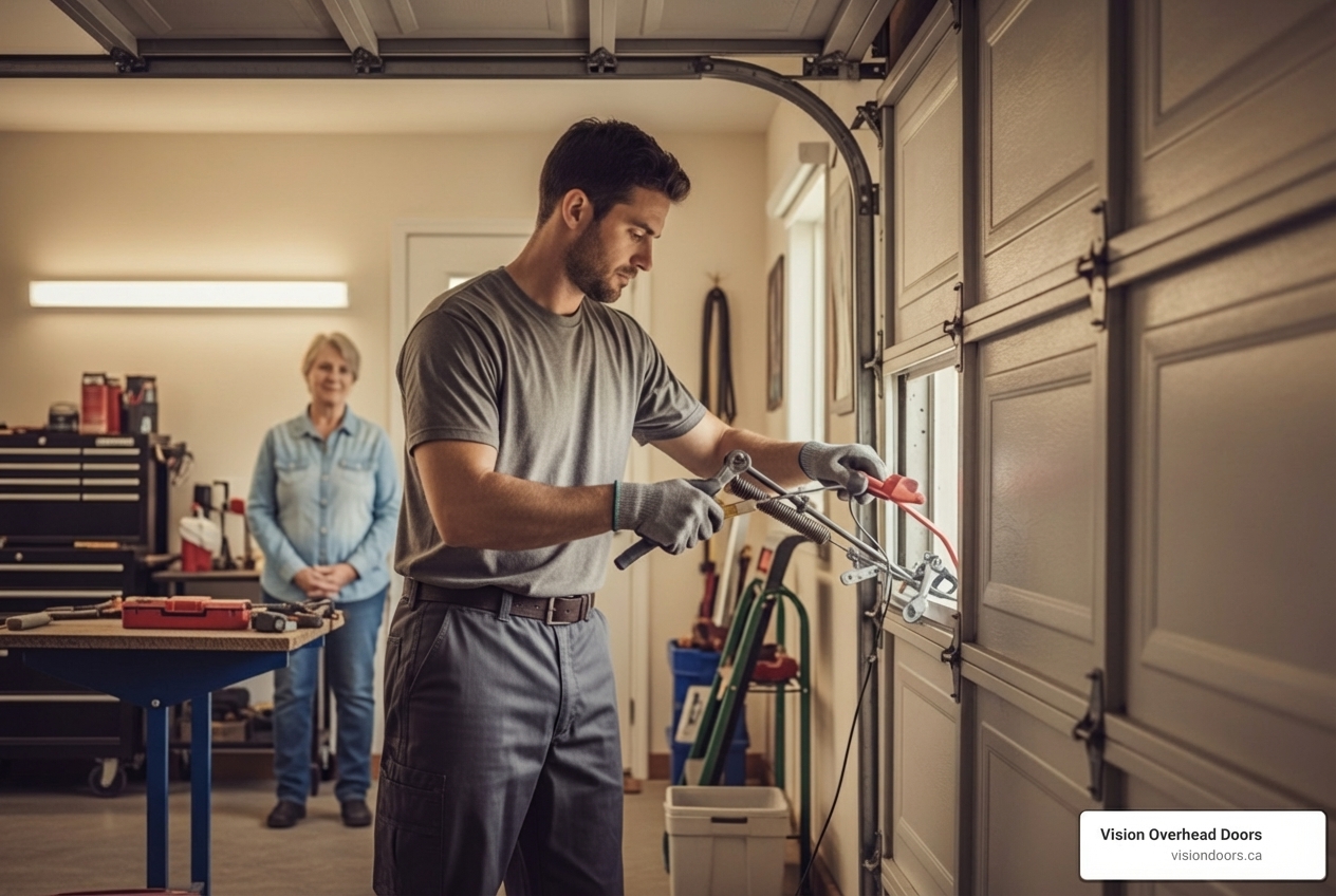 Infographic showing the emergency repair process: Step 1 - Call for service 24/7, Step 2 - Local Vernon technician dispatched with stocked vehicle, Step 3 - Professional diagnosis of the problem, Step 4 - Repair completed same day when possible, Step 5 - Safety check and preventative advice provided - 24 hour garage door repair in vernon, bc Technician repairing a garage door spring with tools in a residential garage, woman observing, Vision Overhead Doors branding visible.