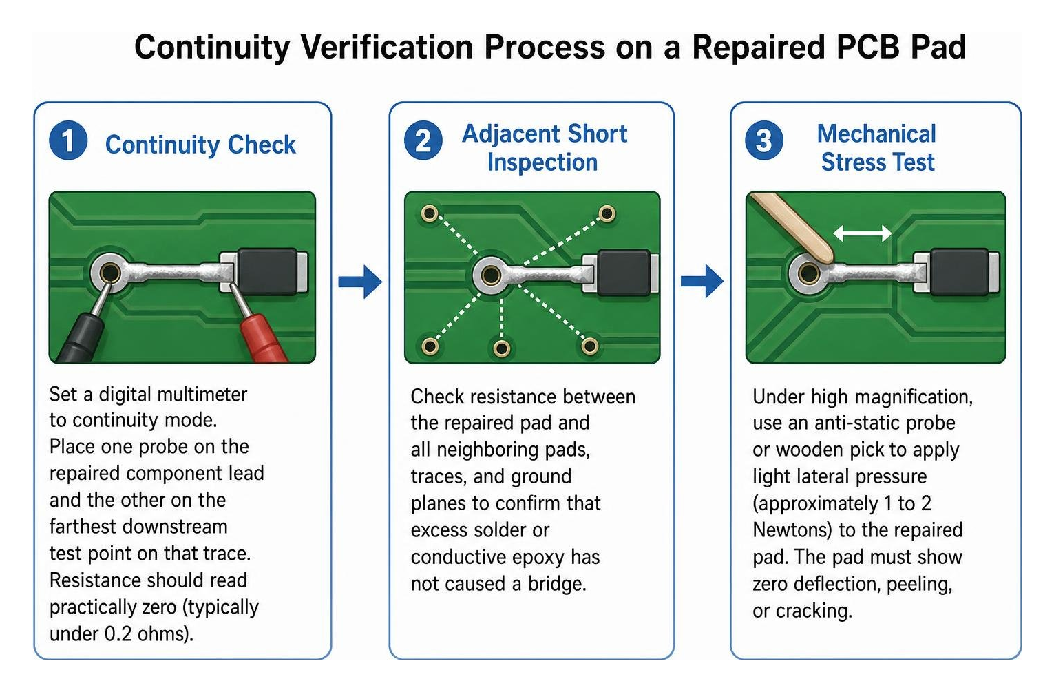 continuity verification process on a repaired PCB pad