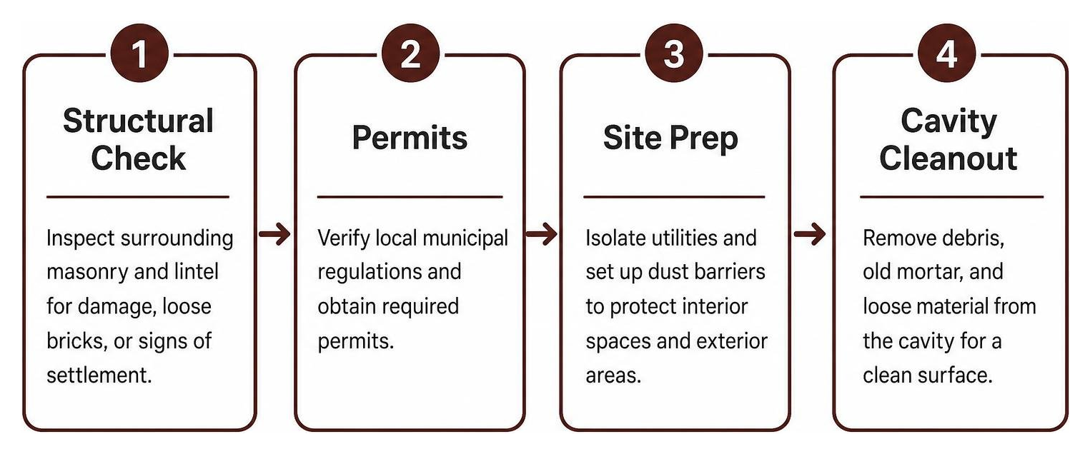 Preparation steps for masonry infill: structural check, permits, site prep, and cavity cleanout