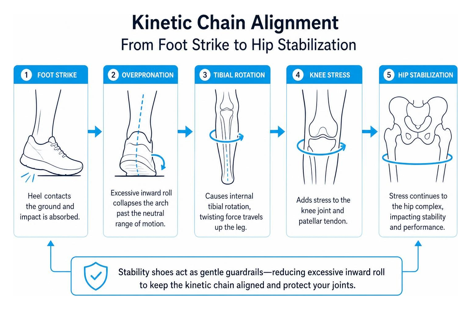 Kinetic chain alignment from foot strike to hip stabilization Kinetic chain alignment from foot strike to hip stabilization