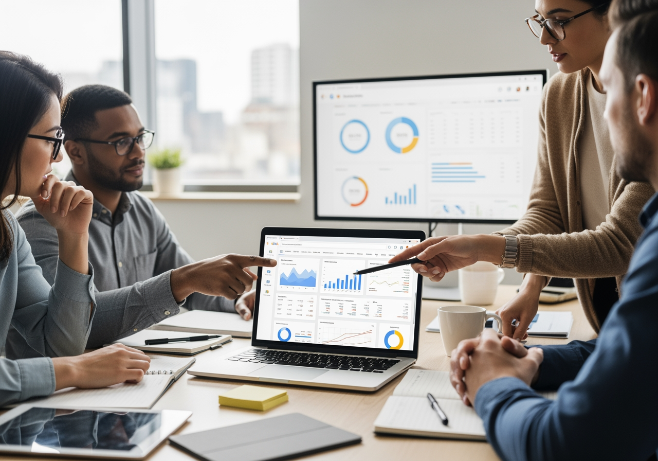business owner looking relieved while an expert manages their ads - adwords management company Team analyzing Google Ads performance metrics on laptop, with charts and graphs displayed, emphasizing strategic decision-making in AdWords management.