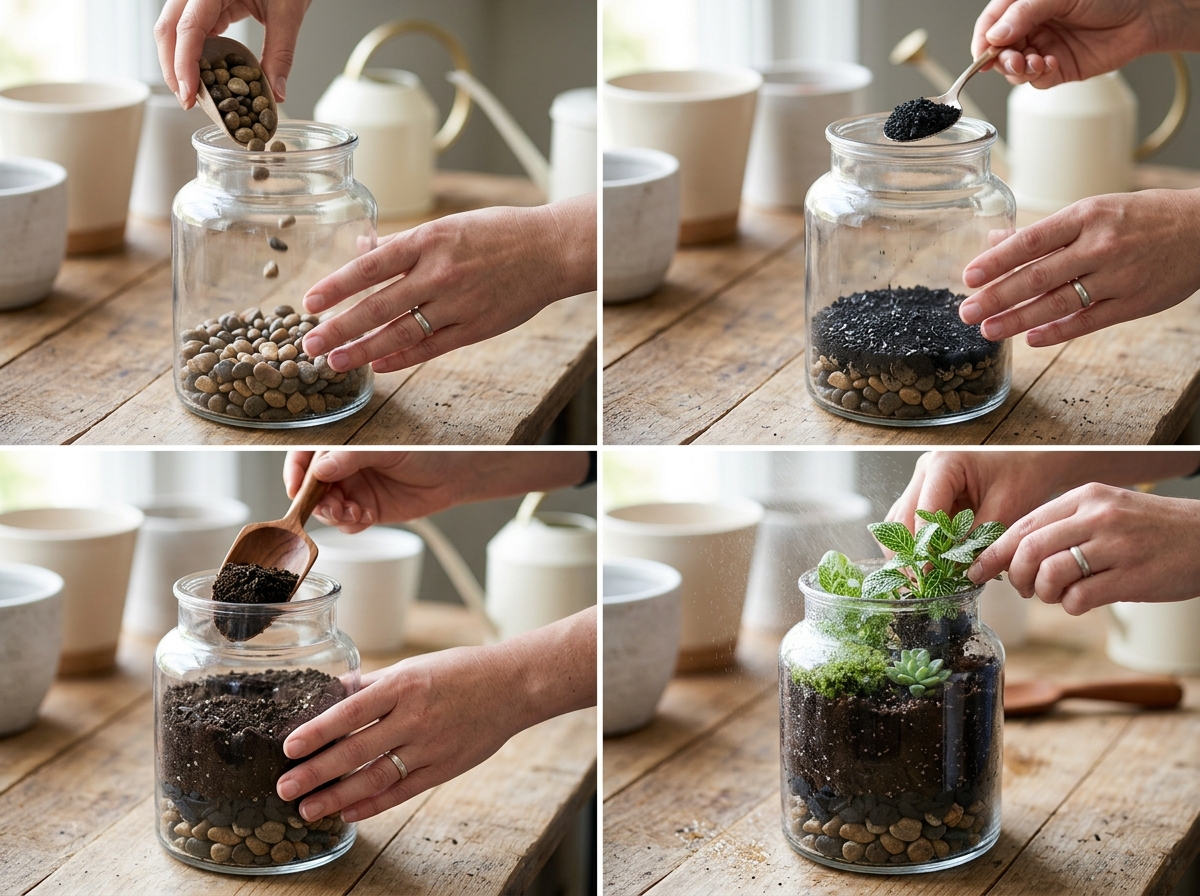 Step-by-step assembly: adding pebbles, then charcoal, then soil, then plants - make your own terrarium