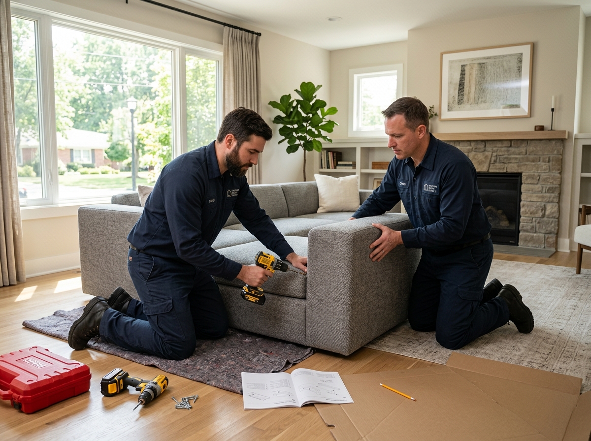 Professional team assembling high-end furniture in a residential living room - white glove home delivery Professional team assembling high-end furniture in a residential living room - white glove home delivery