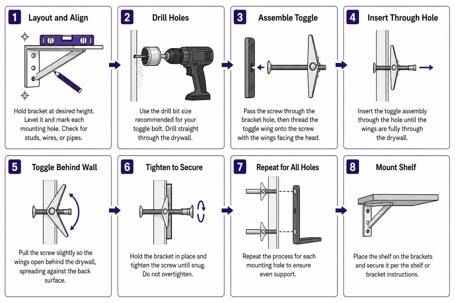 Step-by-step process of installing a shelf with toggle bolts