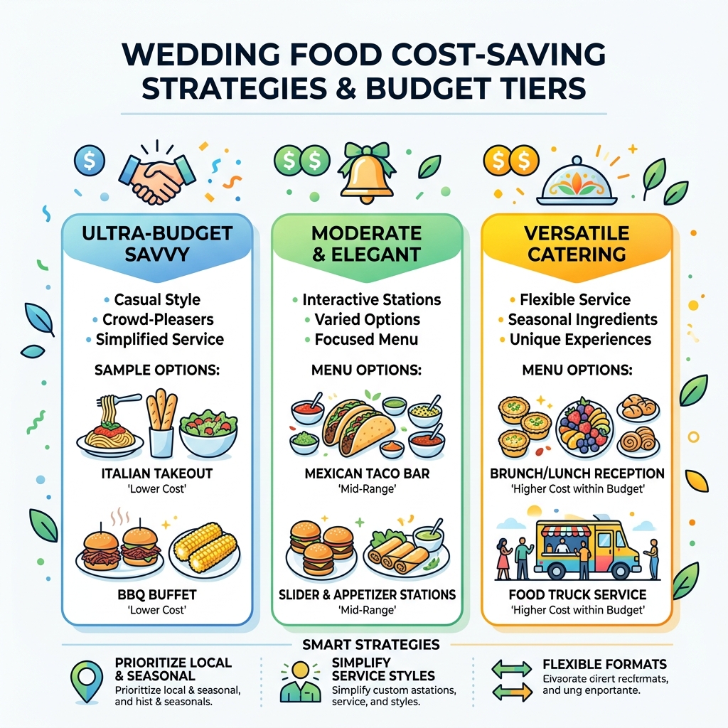 Wedding food cost-saving strategies infographic showing budget tiers and menu options - inexpensive reception food Wedding food cost-saving strategies infographic showing budget tiers and menu options - inexpensive reception food