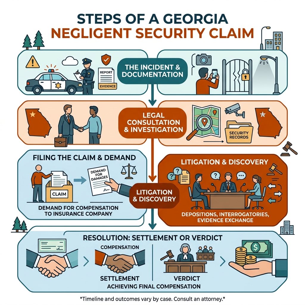 Steps of a Georgia negligent security claim from incident to compensation infographic - security negligence lawyer