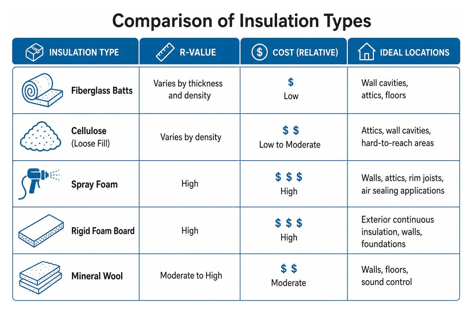 Comparison of insulation types by R-value, cost, and ideal locations