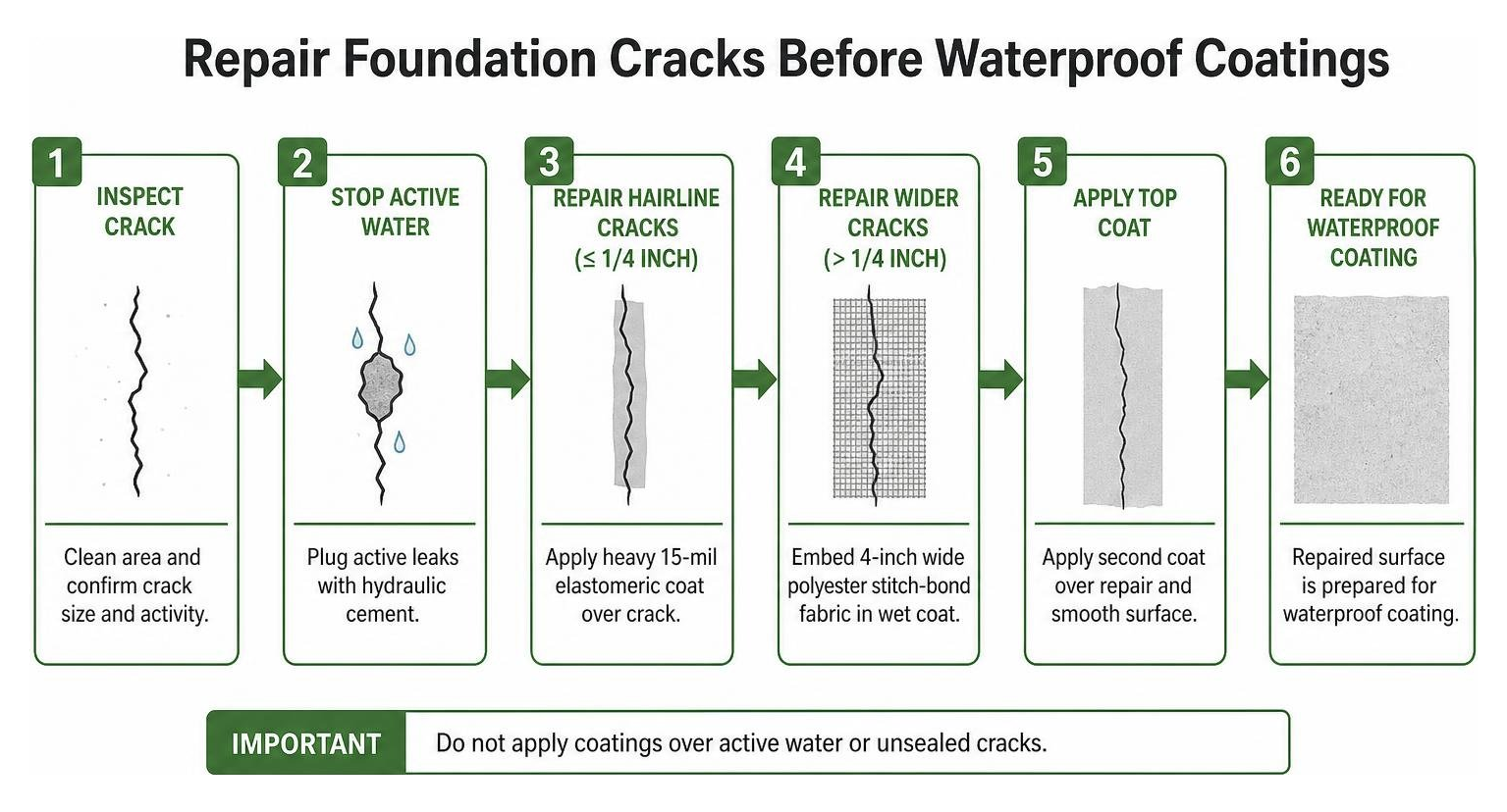 Process flow diagram for repairing foundation cracks before applying waterproof coatings Process flow diagram for repairing foundation cracks before applying waterproof coatings