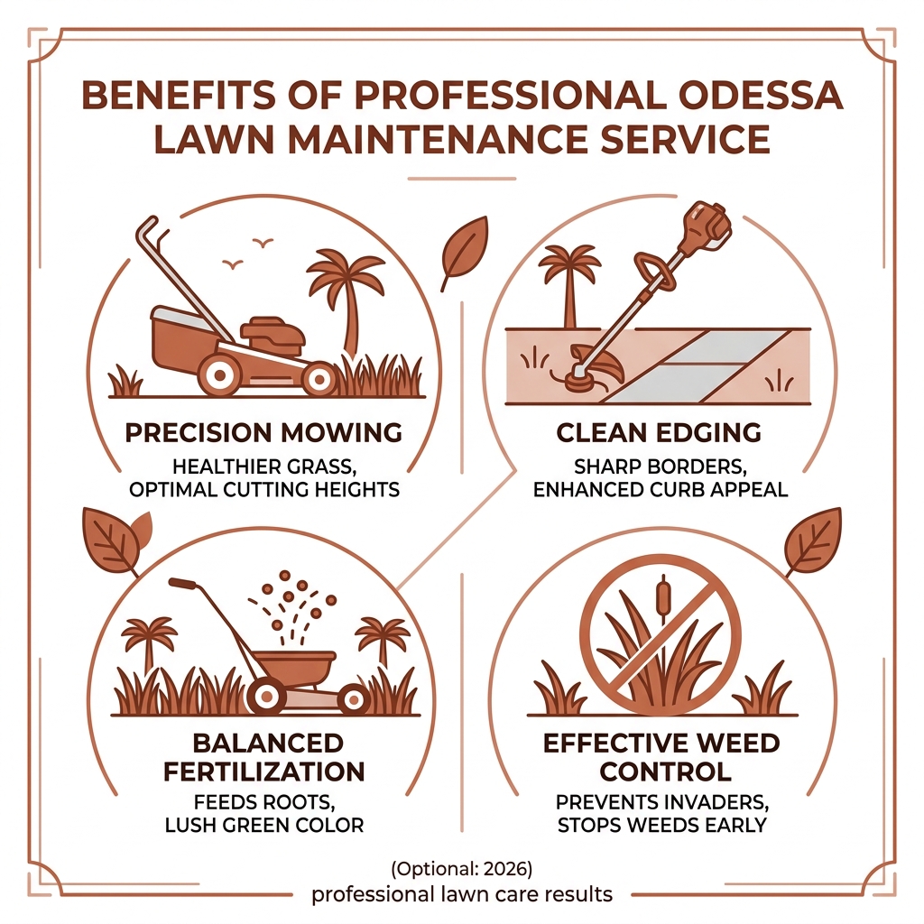 Infographic showing benefits of professional Odessa lawn maintenance service including mowing edging fertilization and weed Infographic showing benefits of professional Odessa lawn maintenance service including mowing edging fertilization and weed