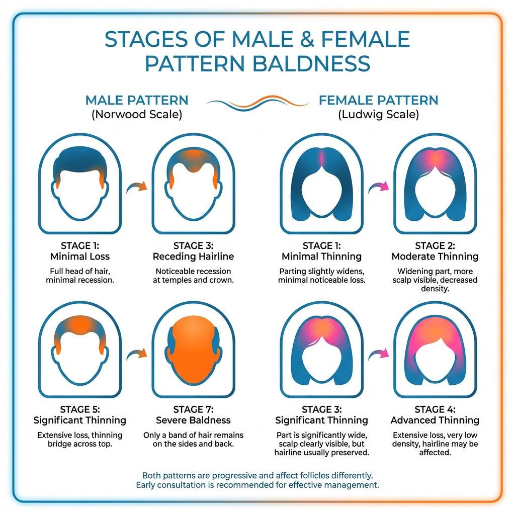 Infographic explaining the stages of male and female pattern baldness - hair restoration indian river county infographic 