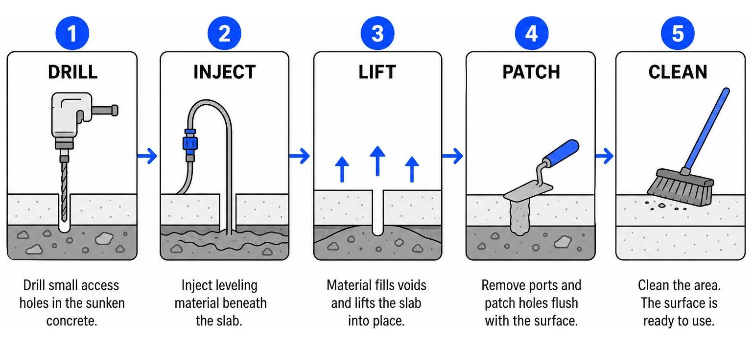 Step-by-step concrete leveling process: drill, inject, lift, patch, and clean Step-by-step concrete leveling process: drill, inject, lift, patch, and clean