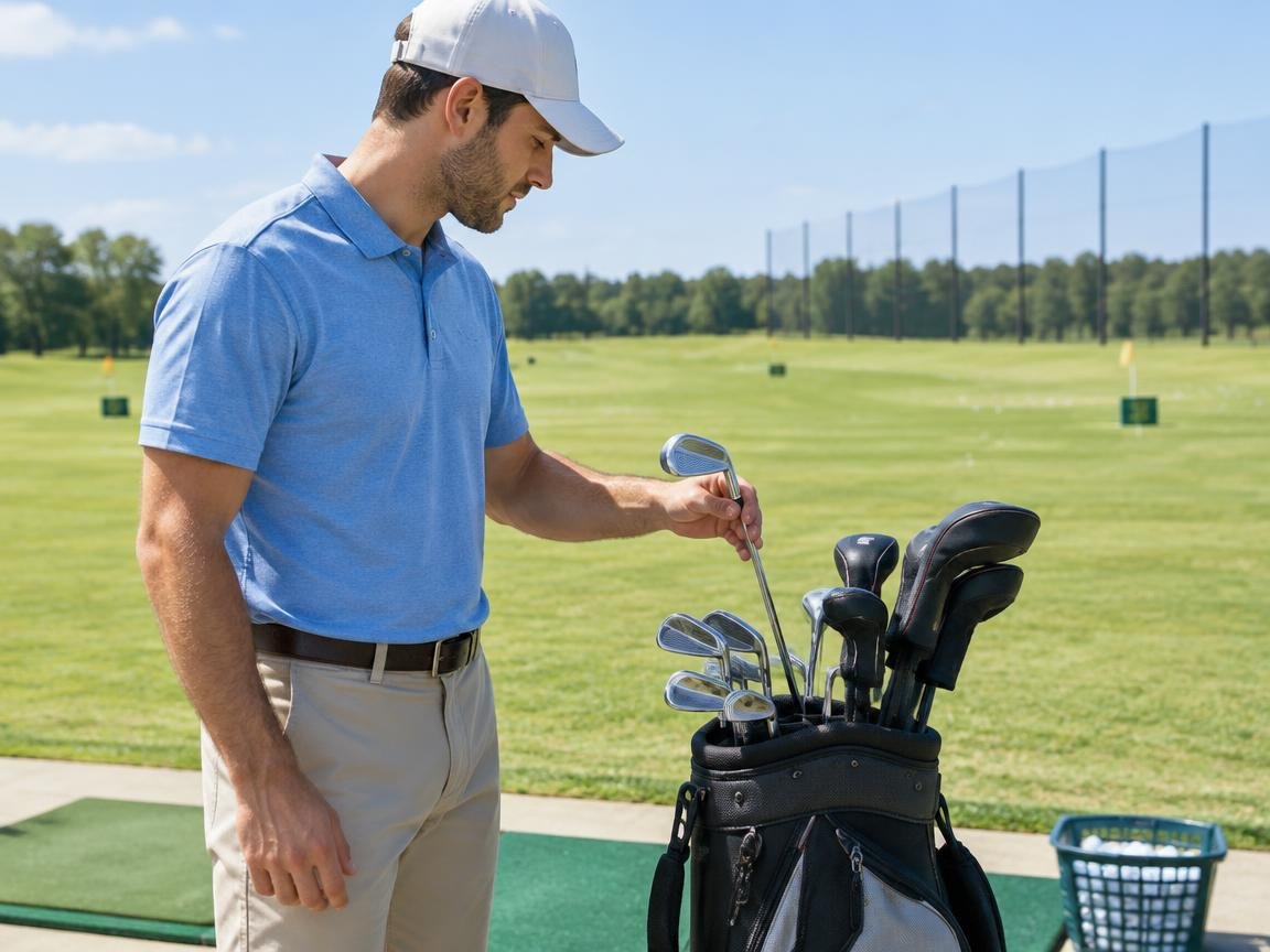golfer selecting clubs on a driving range