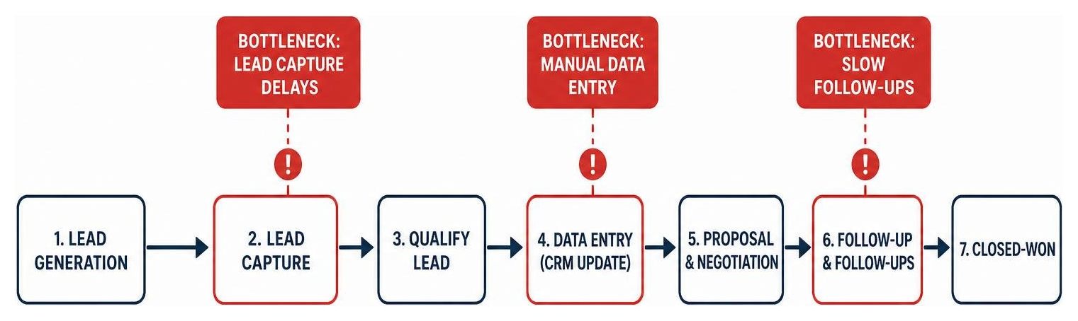A typical sales process showing bottleneck points: lead capture delays, manual data entry, and slow follow-ups