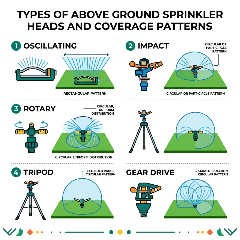 Types of above ground sprinkler heads and their coverage patterns diagram - above ground sprinklers infographic Types of above ground sprinkler heads and their coverage patterns diagram - above ground sprinklers infographic