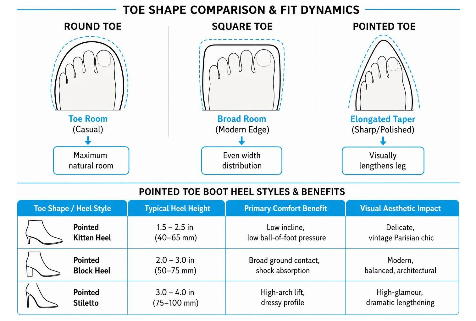 Comparison diagram of round, square, and pointed toe profiles and fit dynamics