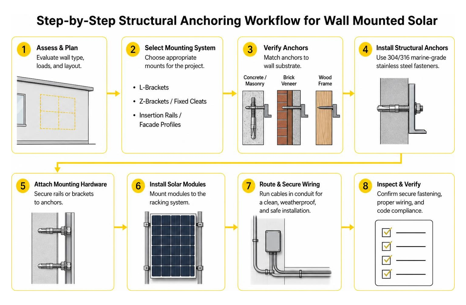 Step by step structural anchoring workflow for wall mounted solar Step by step structural anchoring workflow for wall mounted solar
