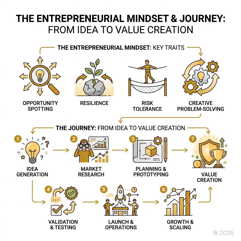 Infographic showing the entrepreneurial mindset and journey from idea to value creation - introduction to entrepreneurship