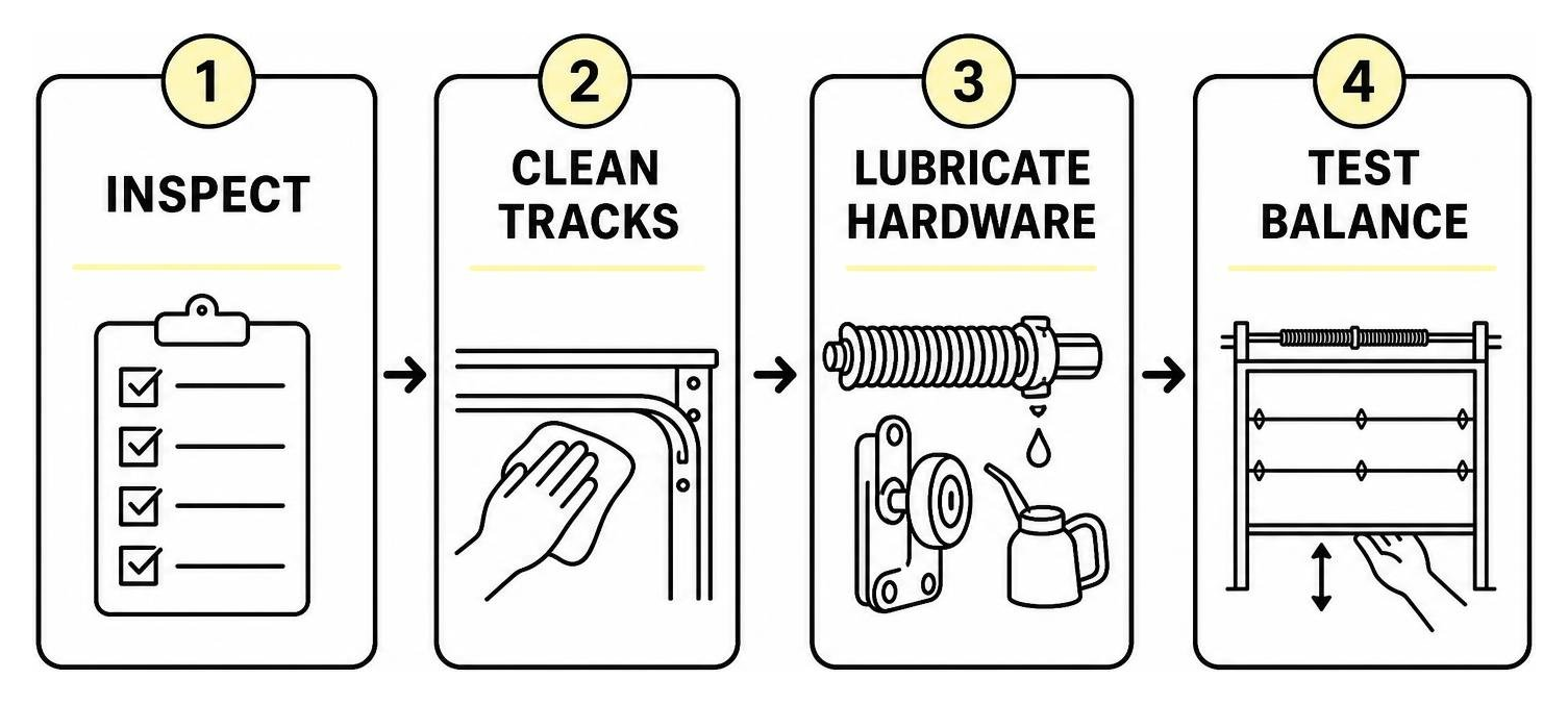 Preventive maintenance workflow: inspect, clean tracks, lubricate hardware, test balance Preventive maintenance workflow: inspect, clean tracks, lubricate hardware, test balance