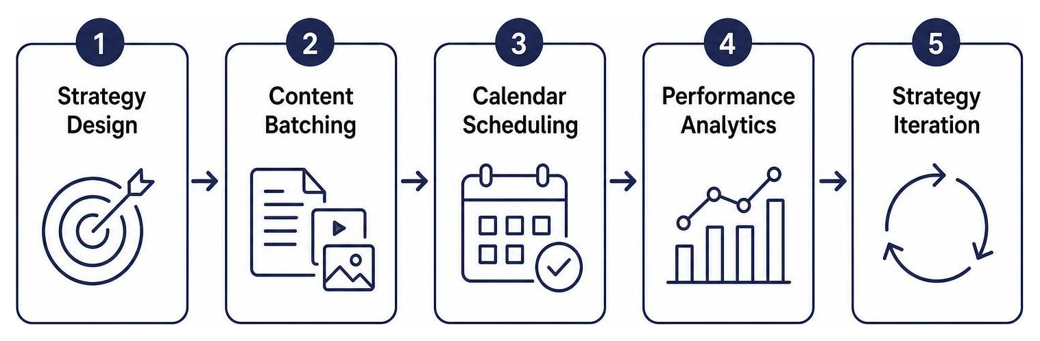 Sequence for social media management: strategy design, content batching, calendar scheduling, performance analytics, and