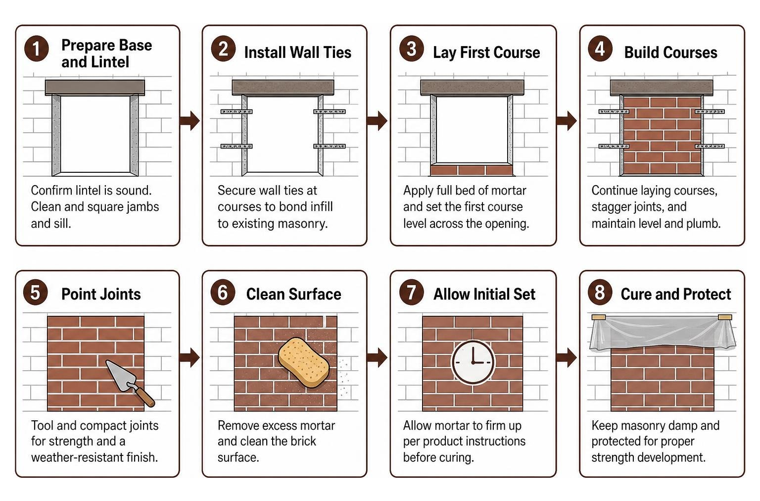 Step-by-step brick infill sequence from base preparation to final curing