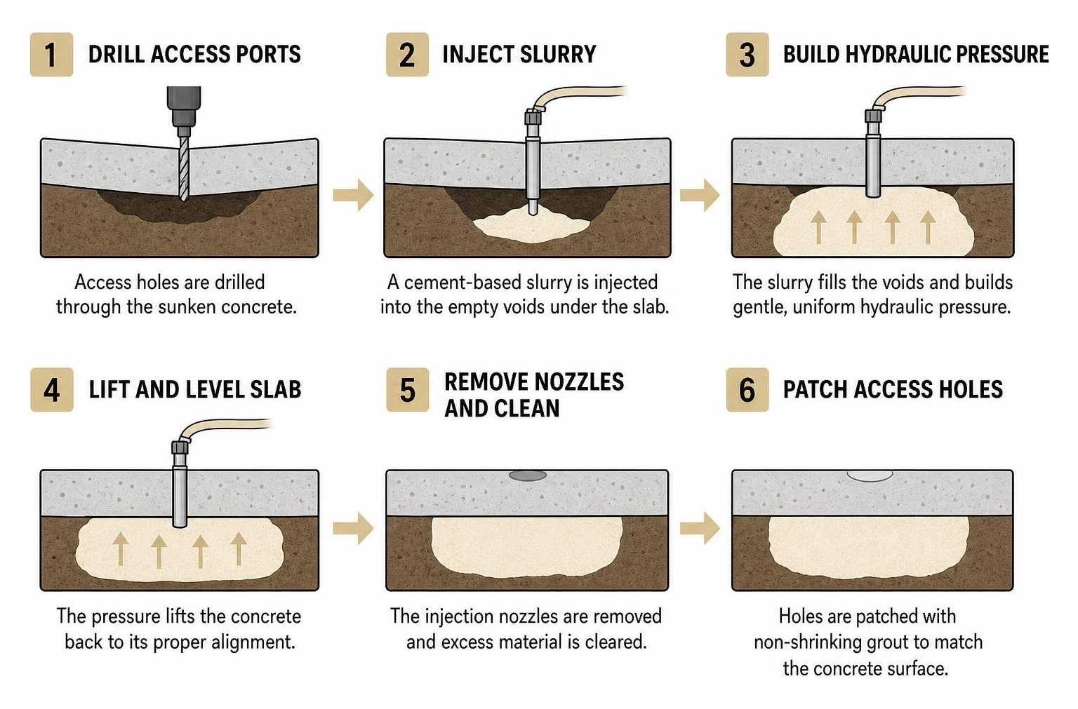 diagram showing the step-by-step mudjacking injection and slab lifting process