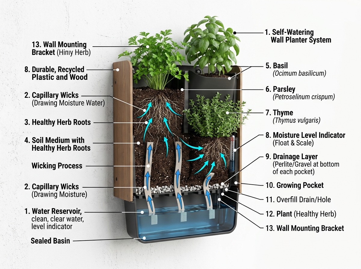 Self-watering mechanism diagram showing capillary action and reservoir - indoor herb wall planter self watering
