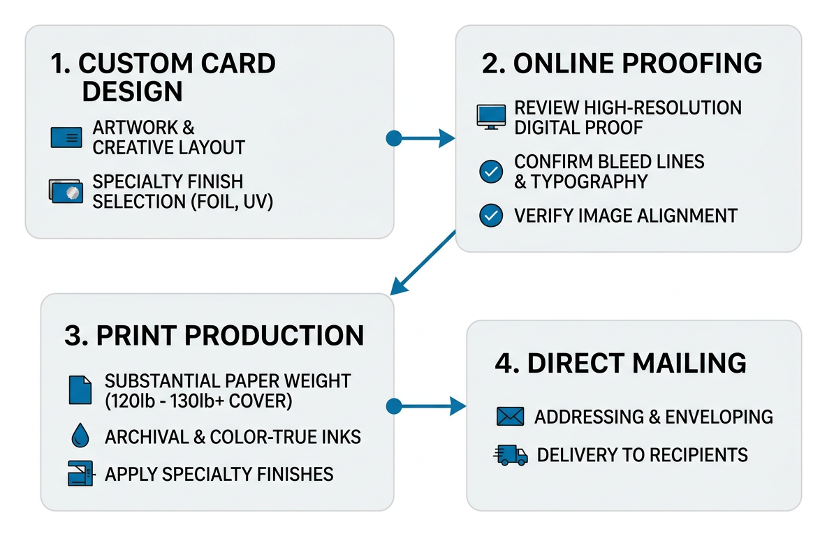 Workflow diagram of custom card design, proofing, print production, and direct mailing Workflow diagram of custom card design, proofing, print production, and direct mailing
