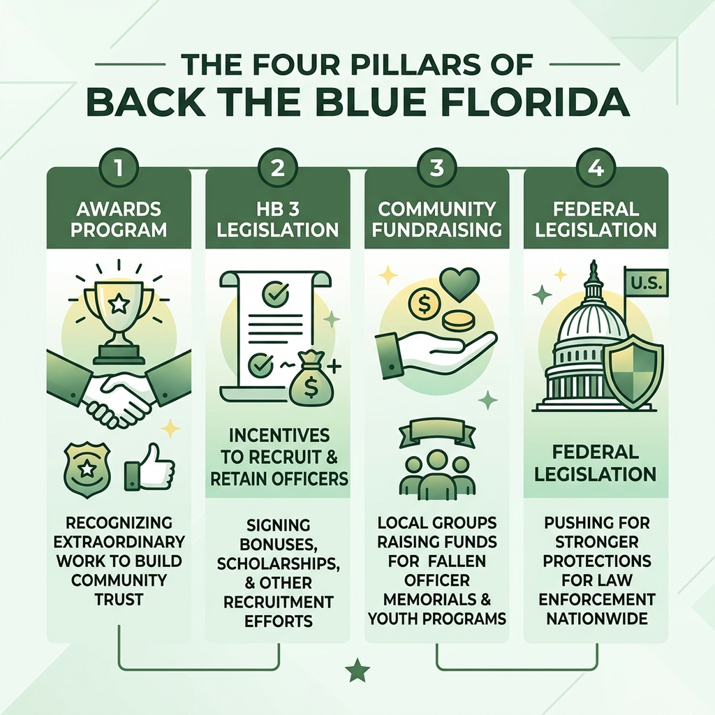 Infographic showing the four pillars of Back the Blue Florida: Awards Program, HB 3 Legislation, Community Fundraising Infographic showing the four pillars of Back the Blue Florida: Awards Program, HB 3 Legislation, Community Fundraising