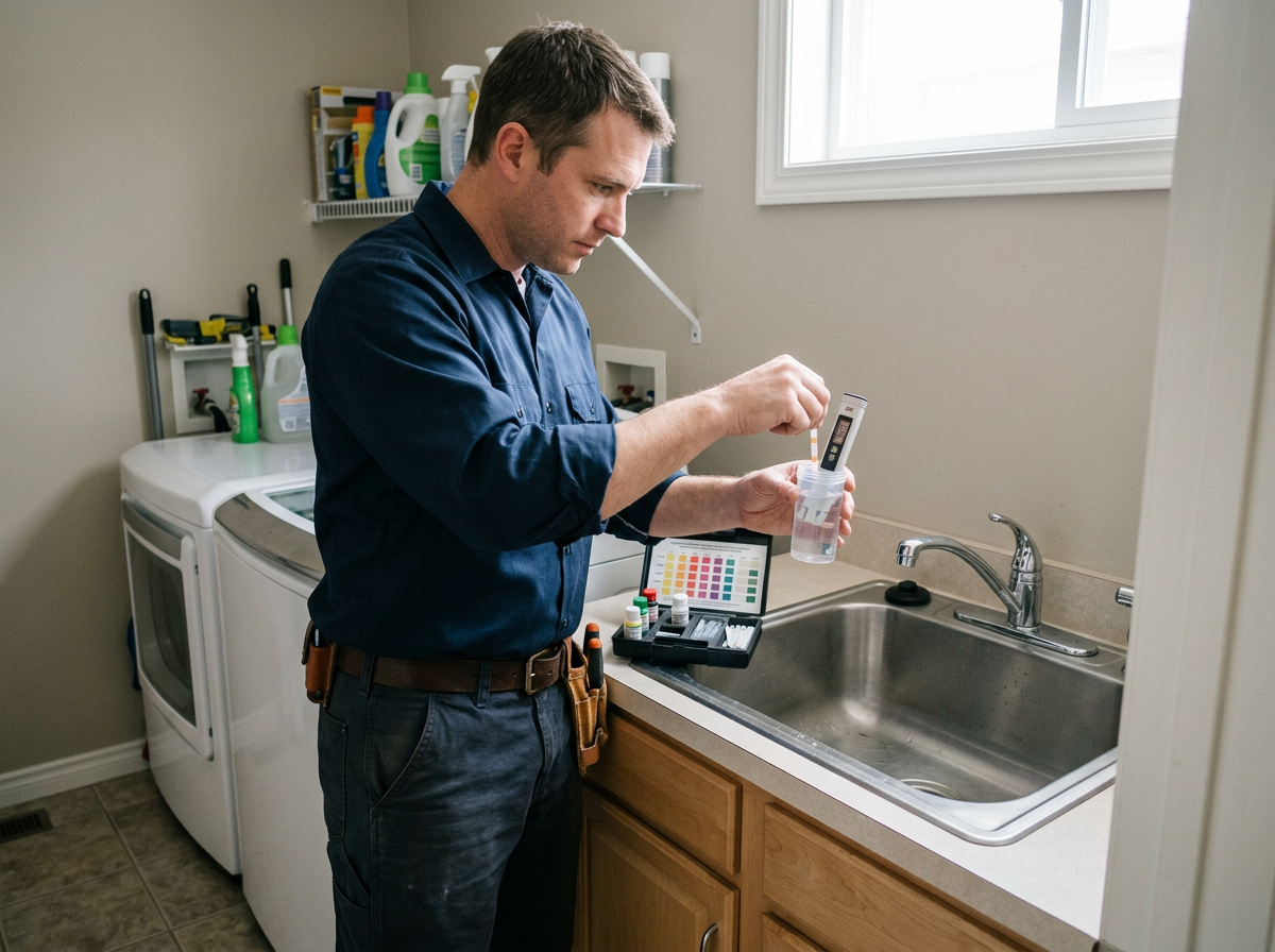 plumber testing water hardness with test kit