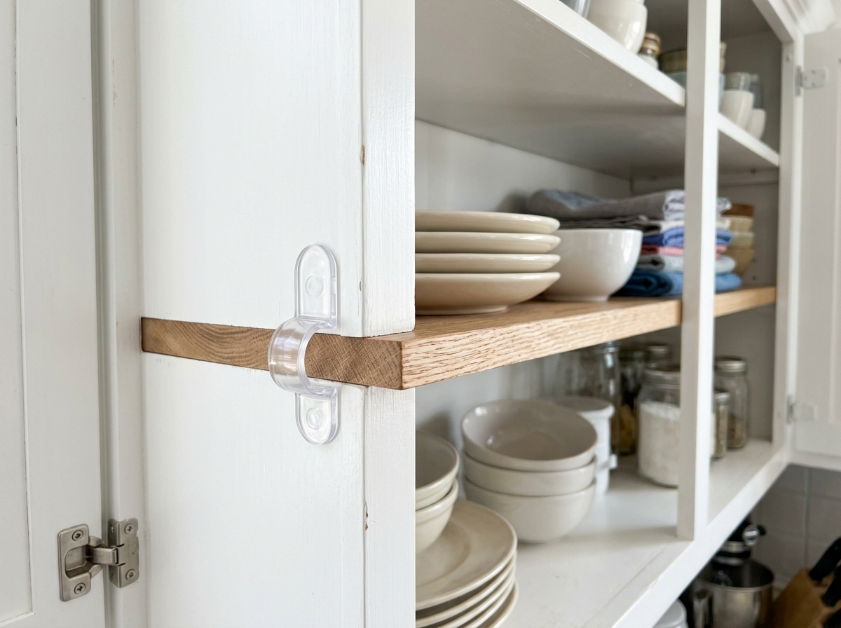 transparent adhesive shelf support pegs installed in a white kitchen cabinet - no nail shelf brackets