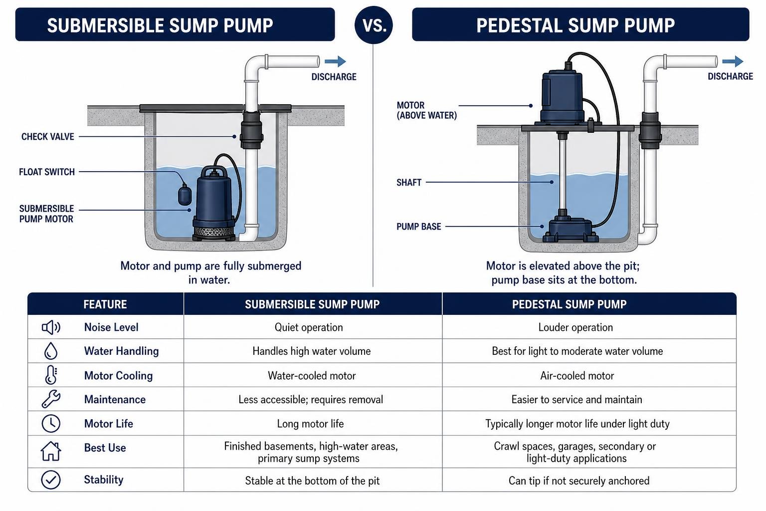 Comparison diagram of submersible vs pedestal sump pump configurations Comparison diagram of submersible vs pedestal sump pump configurations