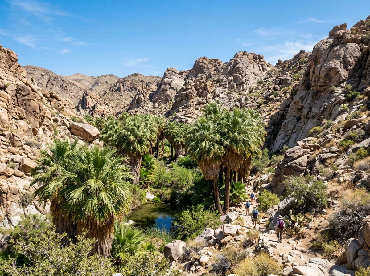 Lush fan palms at Fortynine Palms Oasis in California - budget friendly desert oases