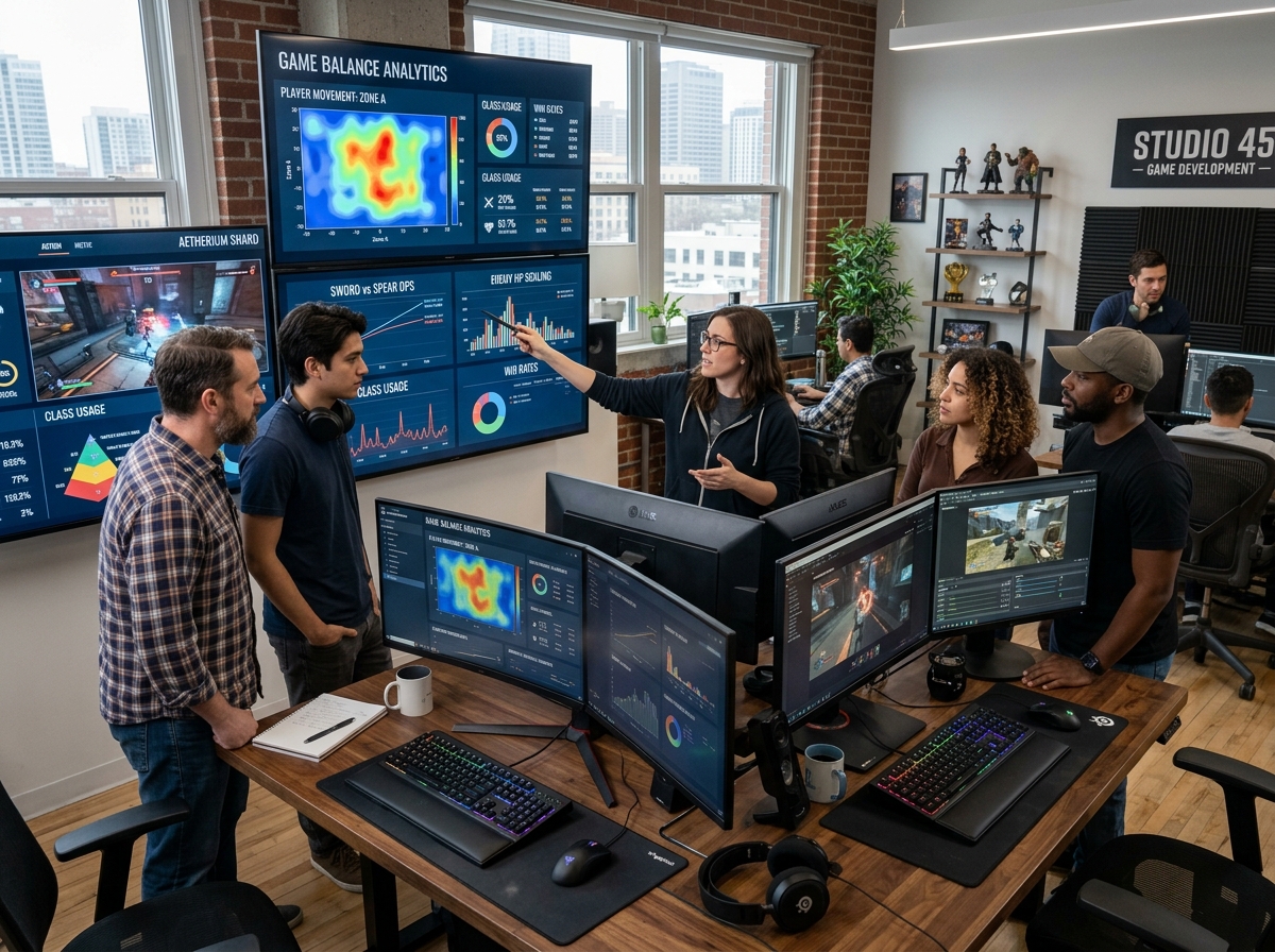 Professional game design studio environment with developers analyzing balance data - game expansion balance consulting Professional game design studio environment with developers analyzing balance data - game expansion balance consulting