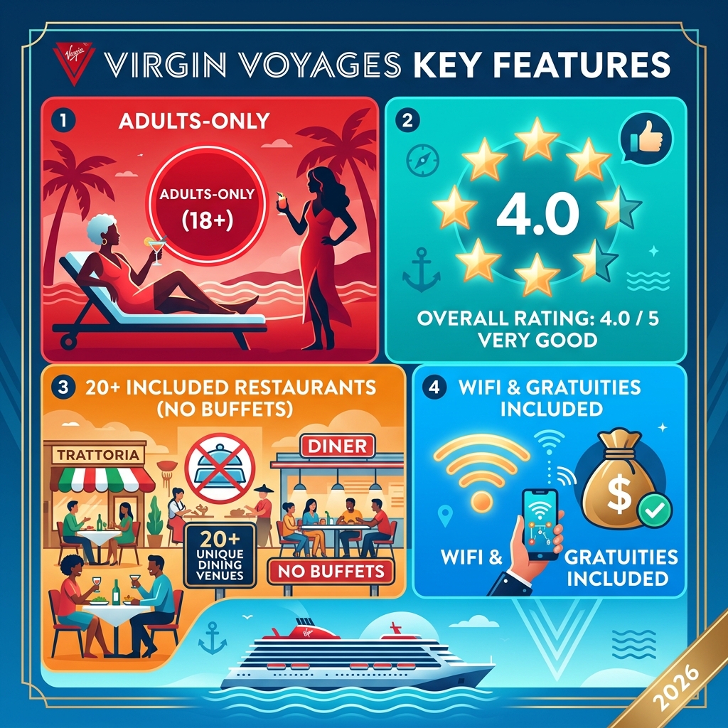 Virgin Voyages key features infographic: adults-only, 4.0/5 rating, 20+ included restaurants, no buffets, WiFi and