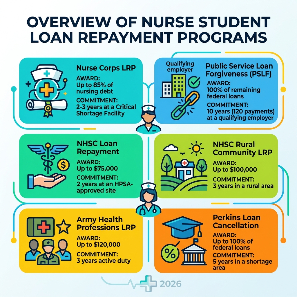 Overview infographic of nurse student loan repayment programs, award amounts, and service commitments - nurse student loan Overview infographic of nurse student loan repayment programs, award amounts, and service commitments - nurse student loan