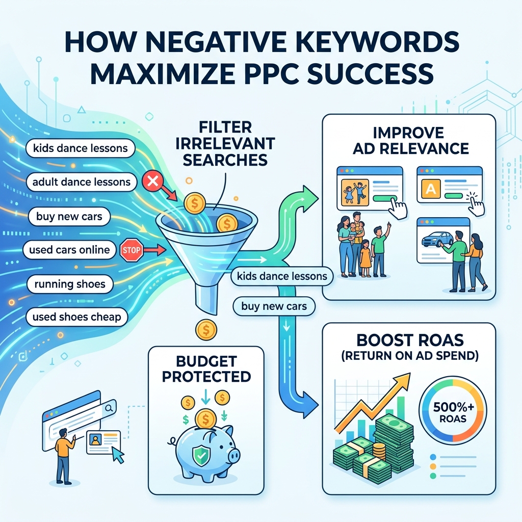 Infographic showing how negative keywords filter irrelevant searches to protect ad budget and improve ROAS - free negative Infographic showing how negative keywords filter irrelevant searches to protect ad budget and improve ROAS - free negative