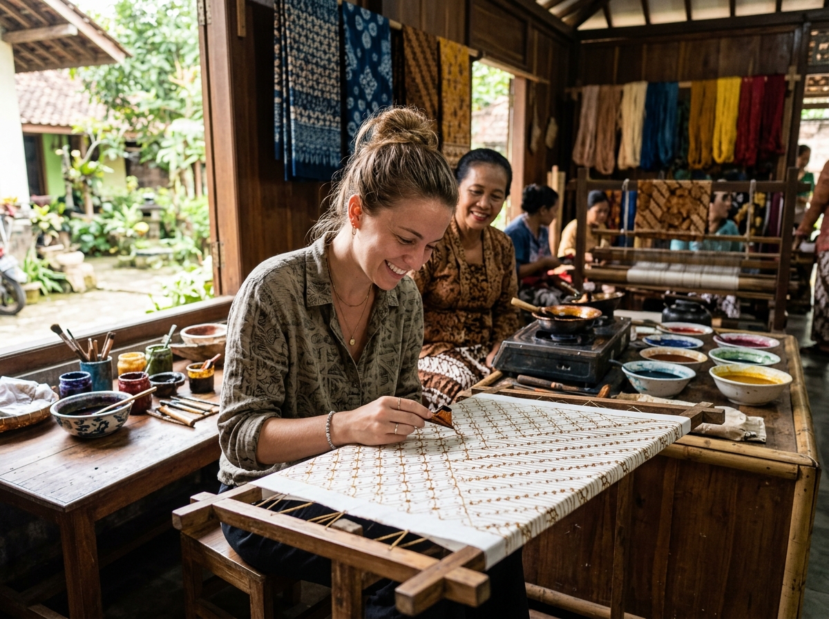 solo female traveler participating in a batik canting class - cultural weaving villages solo solo female traveler participating in a batik canting class - cultural weaving villages solo
