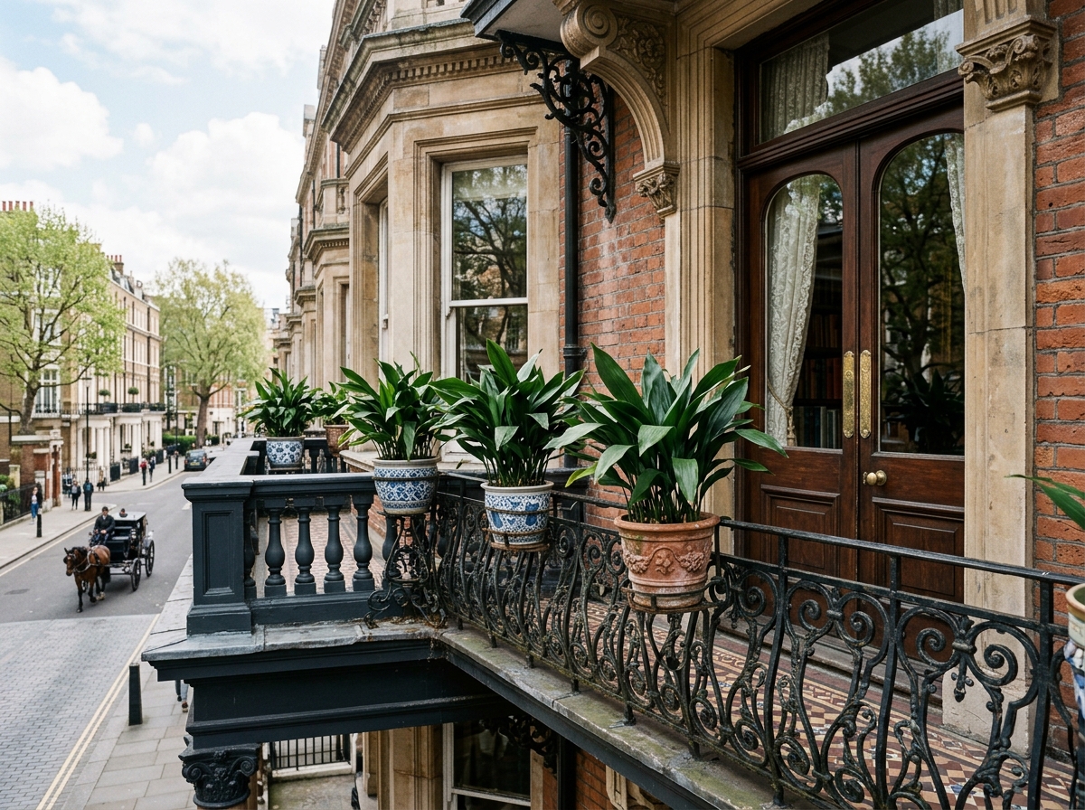 Victorian-style balcony featuring lush green Aspidistra plants in decorative pots - aspidistra balcony shade survivor plant