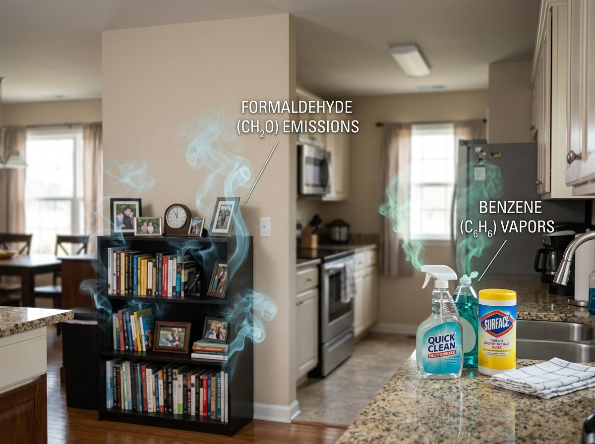 Illustration of common household toxins like formaldehyde and benzene found in furniture and cleaning supplies - air Illustration of common household toxins like formaldehyde and benzene found in furniture and cleaning supplies - air