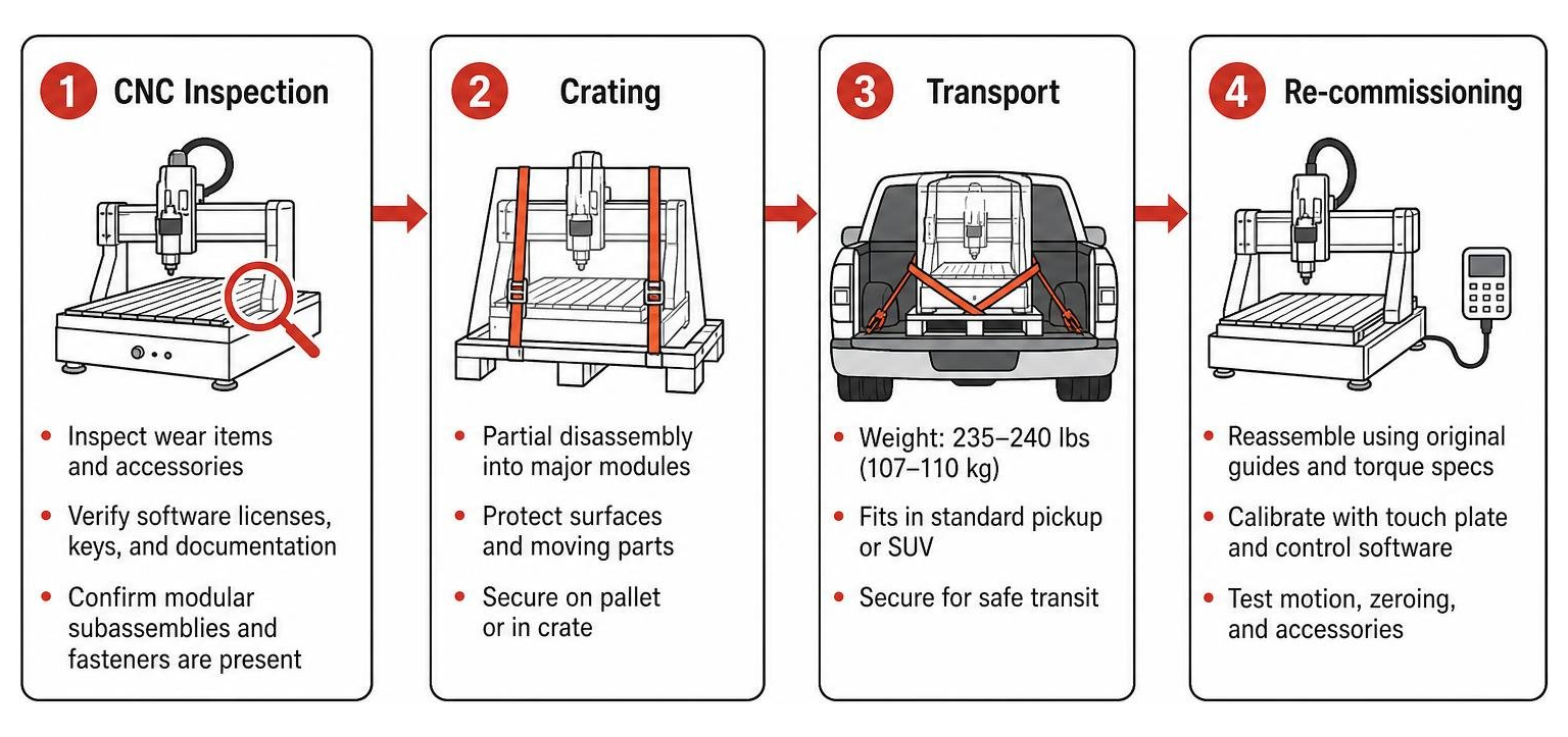 CNC inspection, crating, transport, and re-commissioning workflow