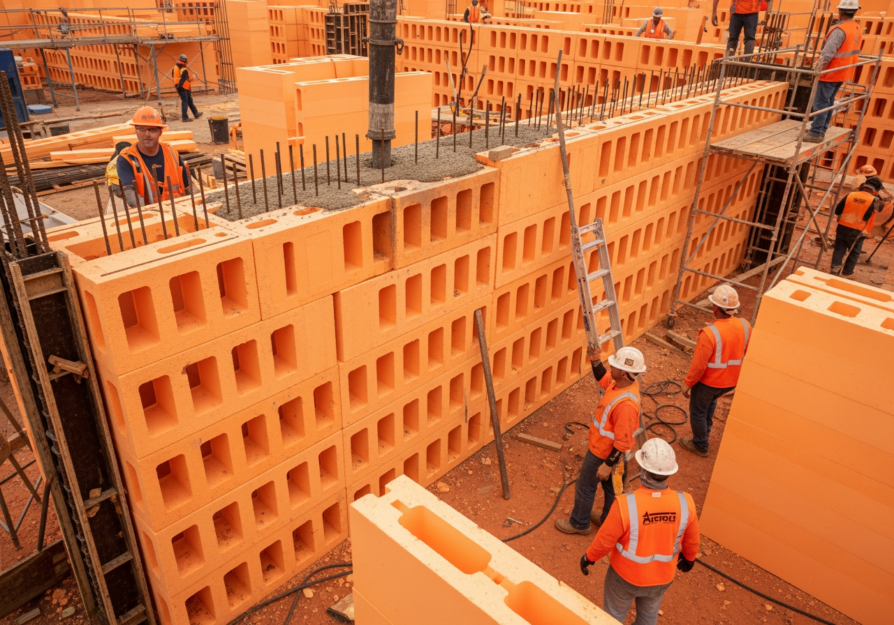 Image of an ICF wall being constructed - do concrete houses burn
