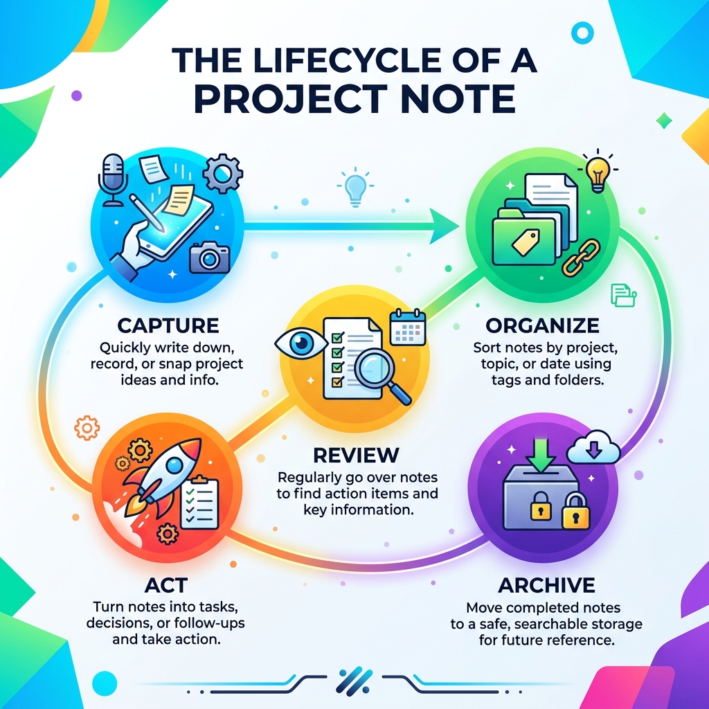 Lifecycle of a project note from capture to archive, showing stages: capture, organize, review, act, archive - organizing