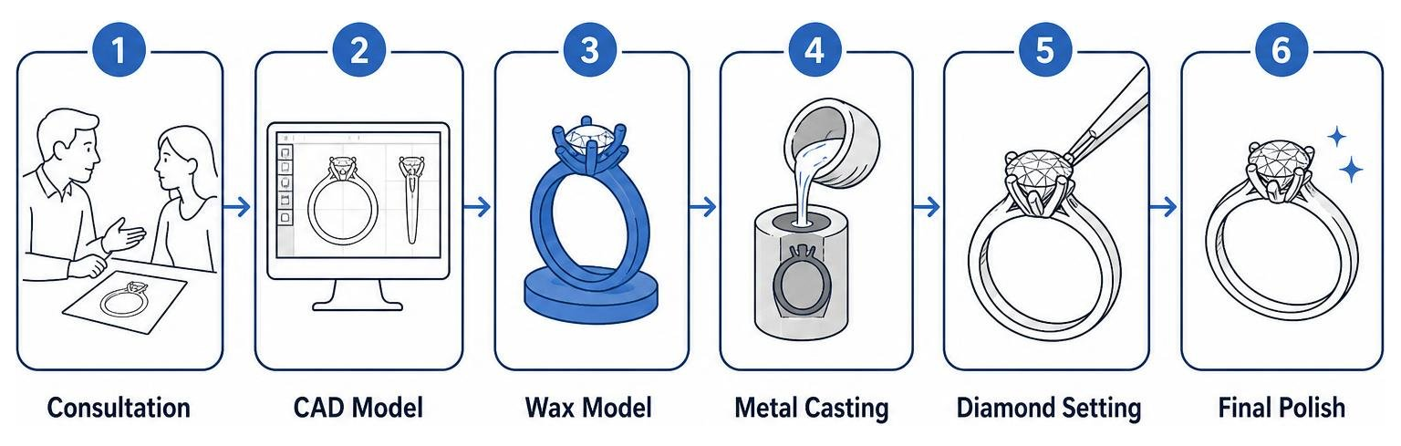  custom engagement ring process: consultation, CAD model, wax model, metal casting, diamond setting, final polish
