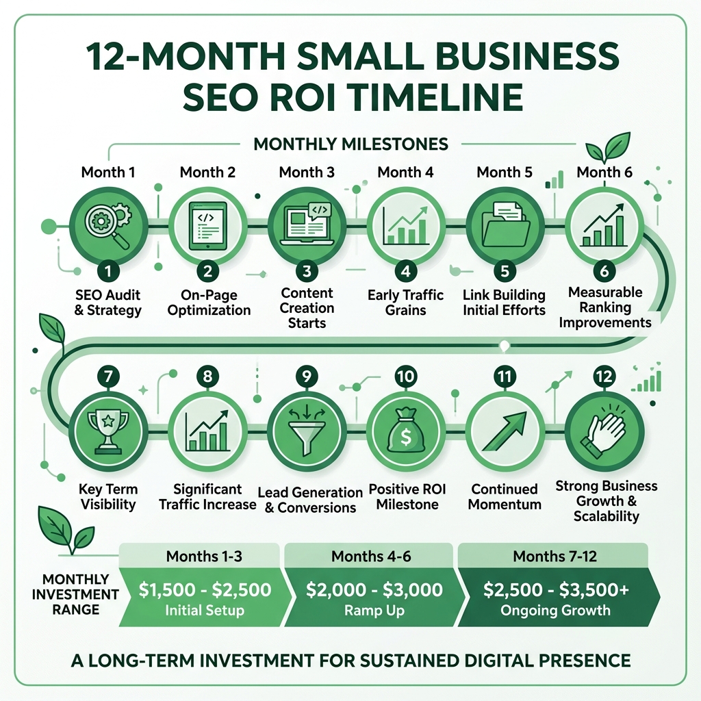 12-month SEO ROI timeline infographic for small businesses showing monthly milestones and cost ranges - small business seo