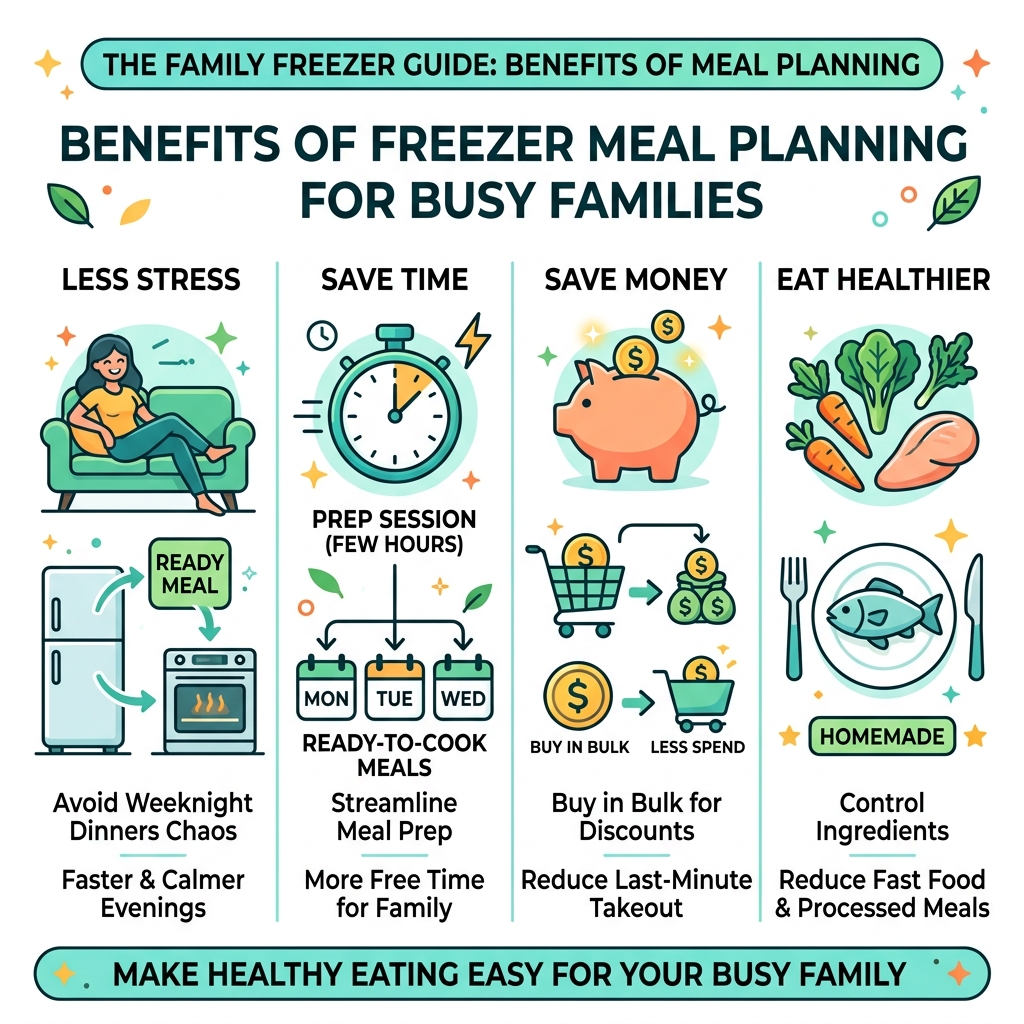 Benefits of freezer meal planning for busy families infographic - healthy family freezer meals infographic 