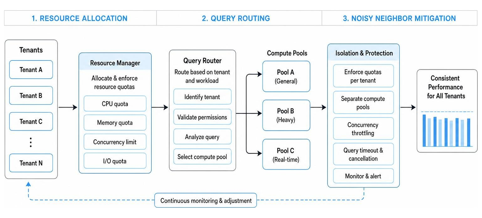 Diagram showing resource allocation, query routing, and noisy neighbor mitigation