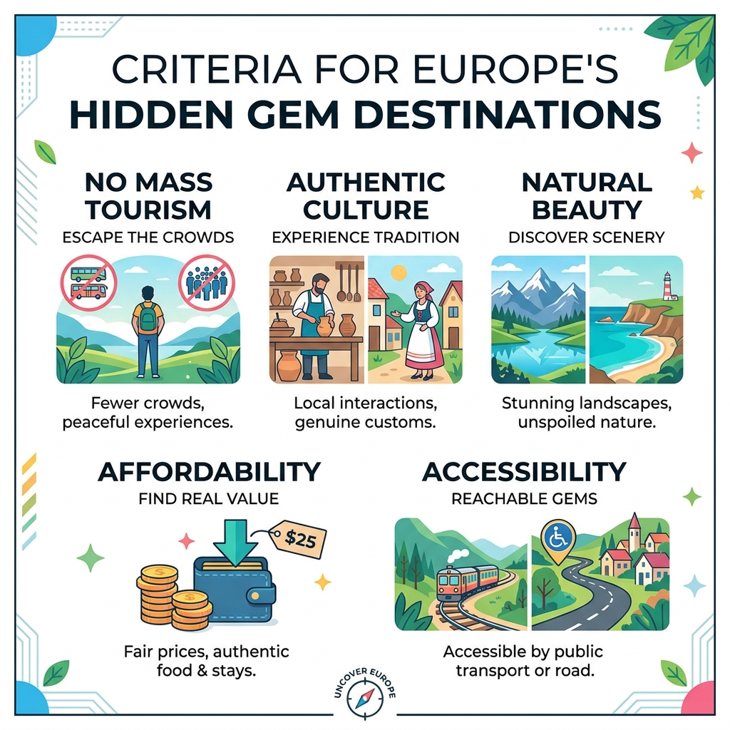 Infographic showing hidden gem selection criteria: no mass tourism, authentic culture, natural beauty, affordability