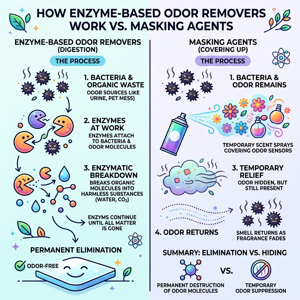 How enzyme based odor removers digest odor-causing bacteria vs. masking agents - enzyme based odor remover infographic How enzyme based odor removers digest odor-causing bacteria vs. masking agents - enzyme based odor remover infographic