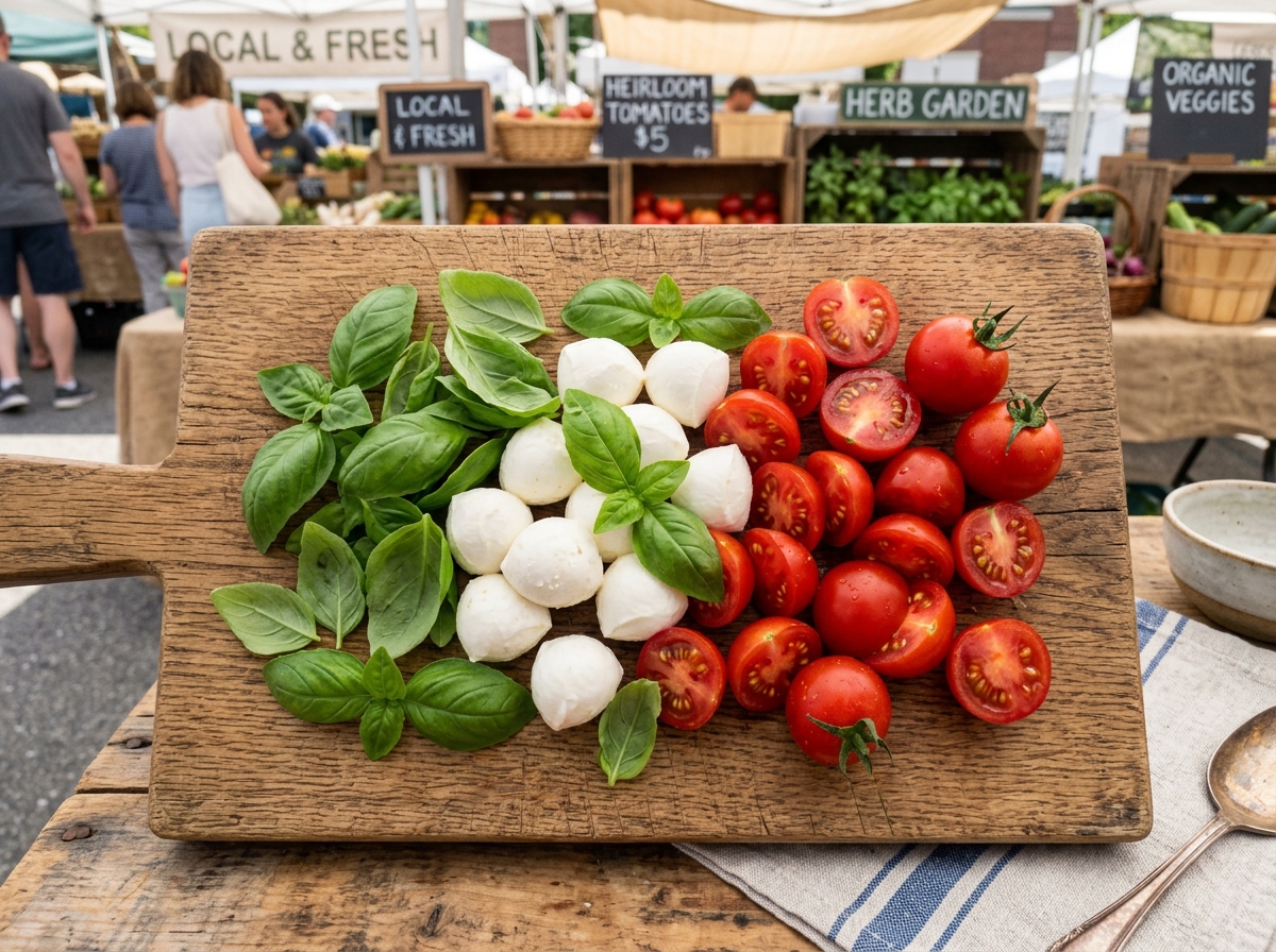 fresh basil, mozzarella balls, and cherry tomatoes on a wooden board - caprese salad appetizer