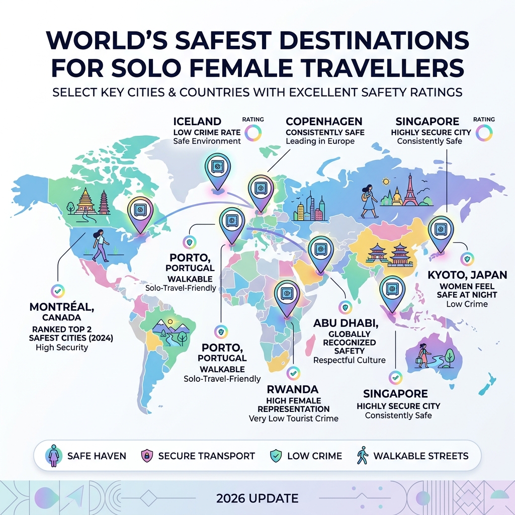World map infographic of safest countries and cities for solo female travellers with safety ratings - safest places to visit